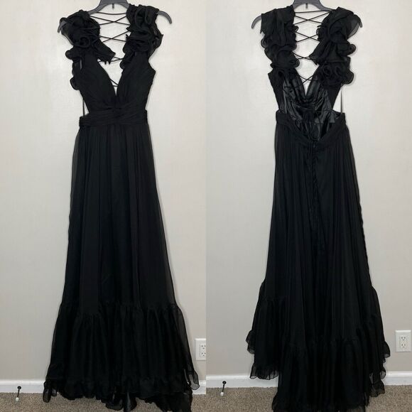 MAC DUGGAL Gown Women 6 Ruffled Cutout Lace-Up Back Solid Black - Picture 2 of 14